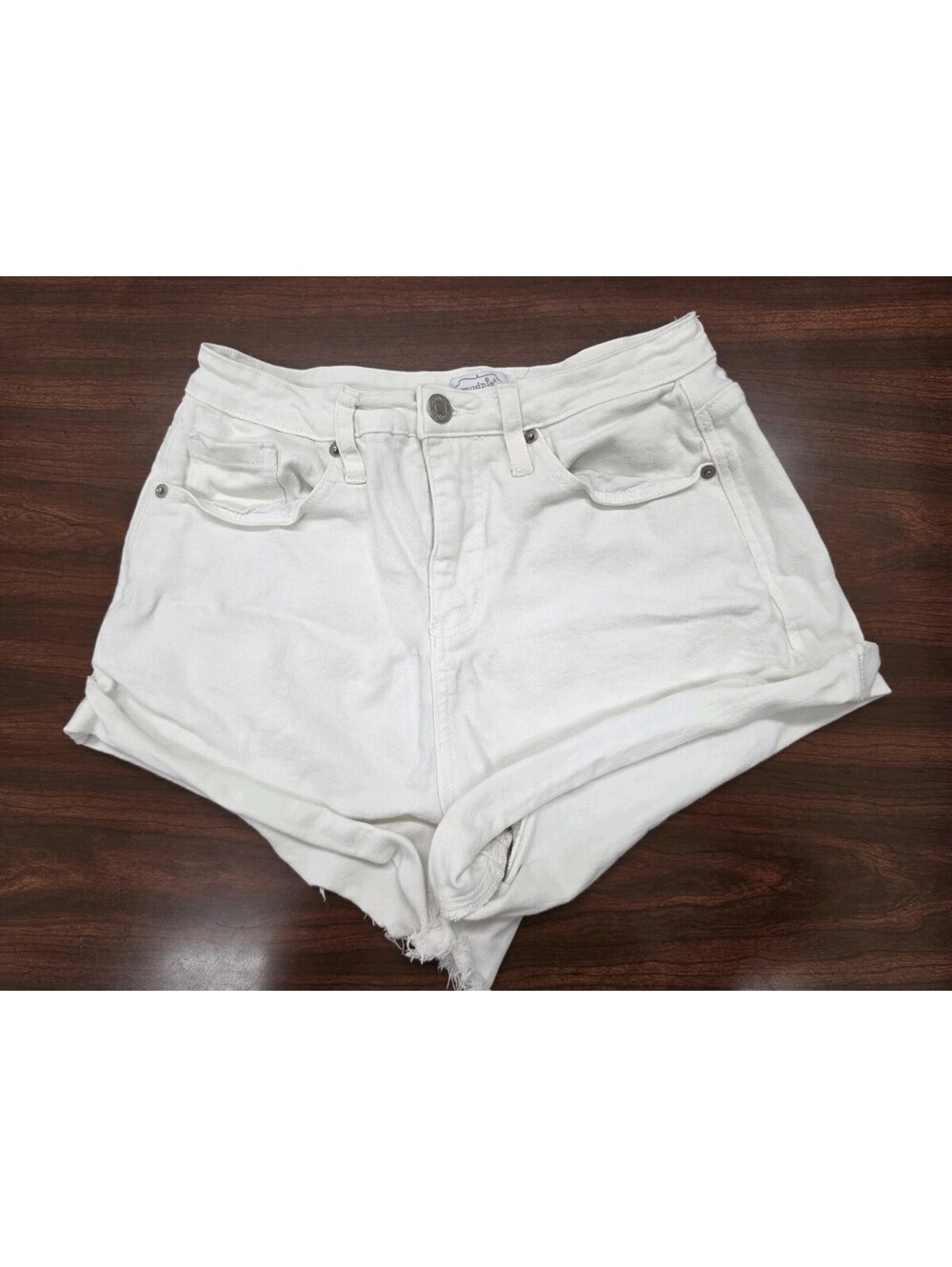 Mud Pie White Denim Shorts Womens M Frayed Hem Mid Rise Stretch Casual Summer